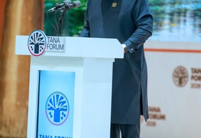 President John Dramani Mahama speaking at the Tana Forum 2026 in Ethiopia, in a photograph published by Ghana Broadcasting Corporation.